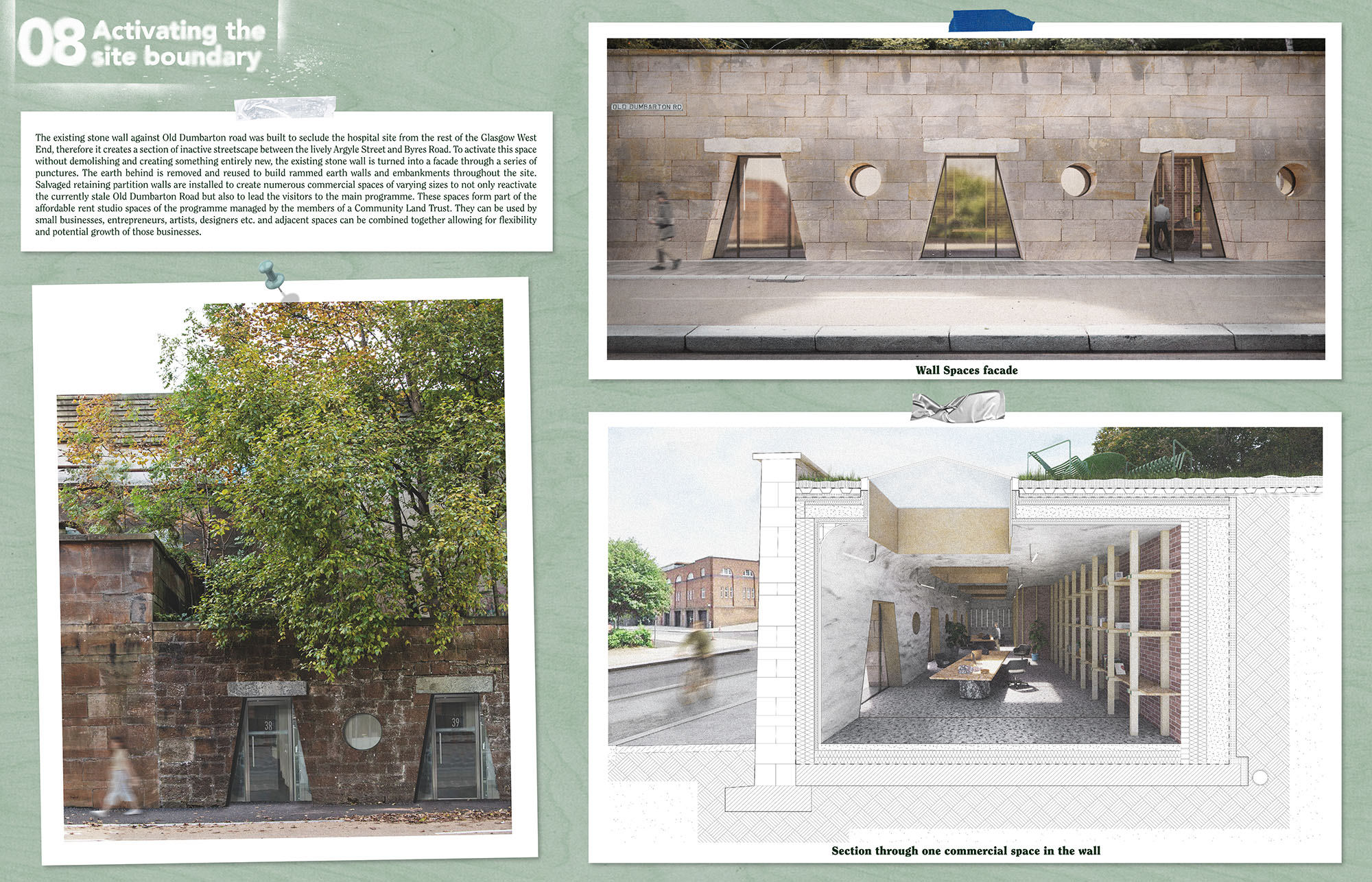 Page 8 of Karlis Kukainis winning entry to the A&DS and RIAS Scottish Student Award. The board includes an image of an external brick wall with glass doors leading into the building, and wall space face and a section into a commercial space.