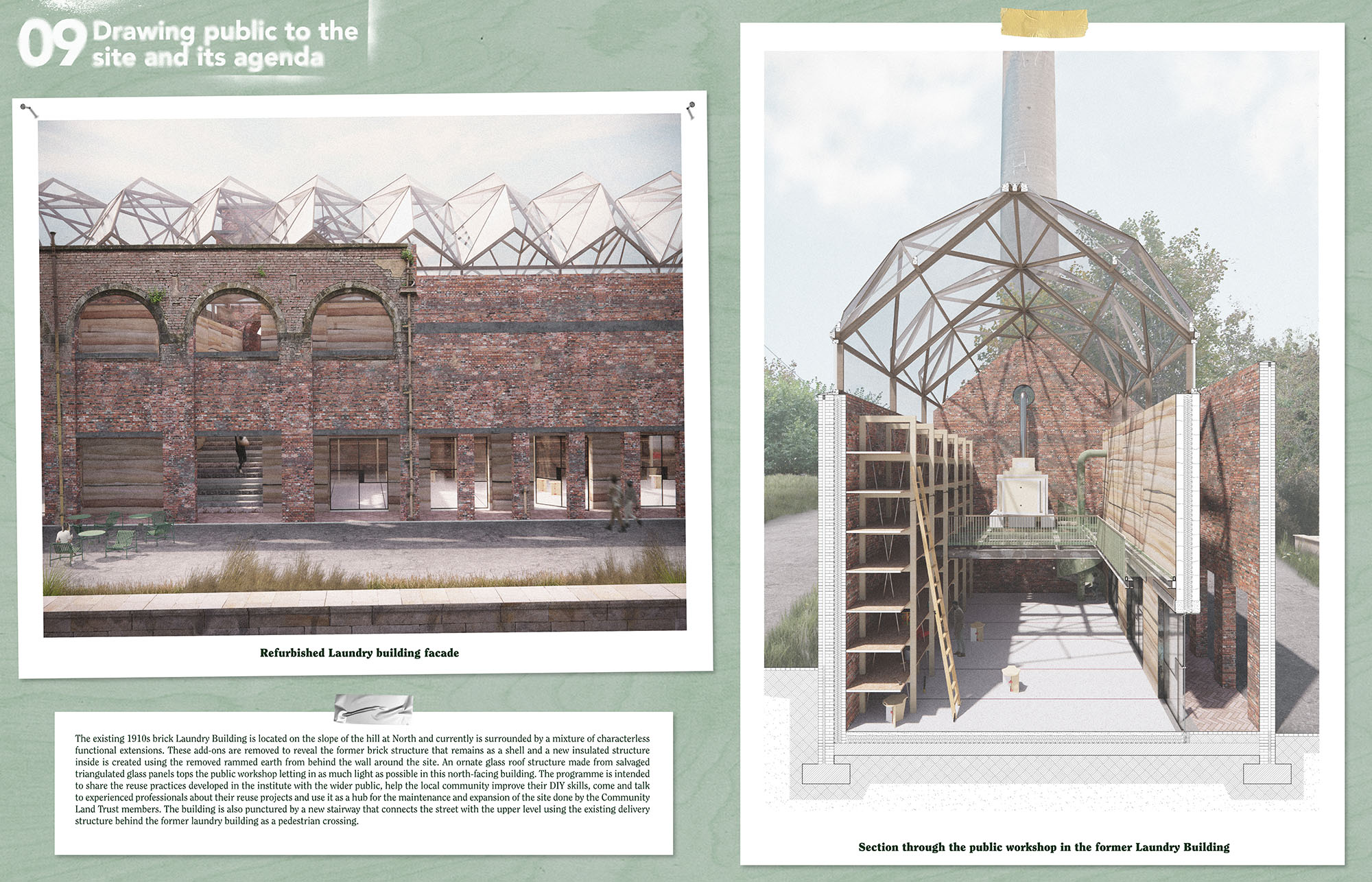 Page 9 of Karlis Kukainis winning entry to the A&DS and RIAS Scottish Student Award. The board includes an architectural illustration of a section into the public workshop in a former laundry building.