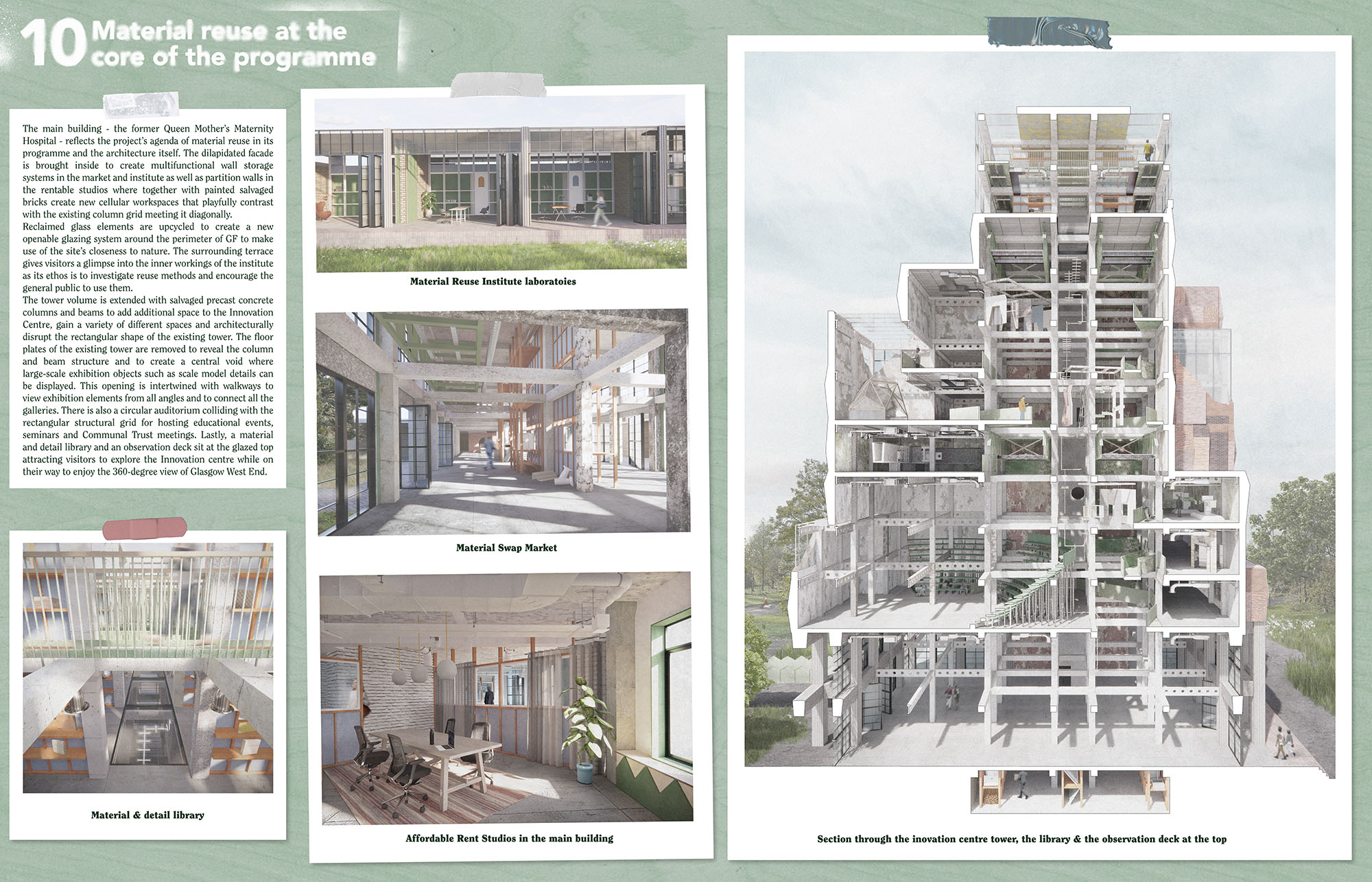 Page 10 of Karlis Kukainis winning entry to the A&DS and RIAS Scottish Student Award. The board includes various architectural illustrations of exterior and interior settings from the project.
