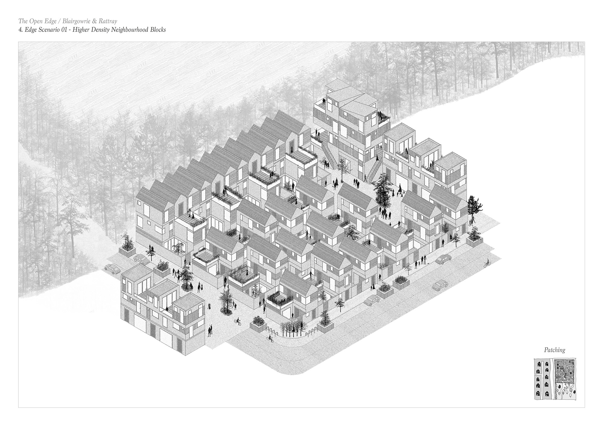 Page 4 of Sam Morman winning entry to the A&DS and RIAS Scottish Student Awards. The concept board includes architectural drawings of a high-density neighbourhood block nearby a forest. 