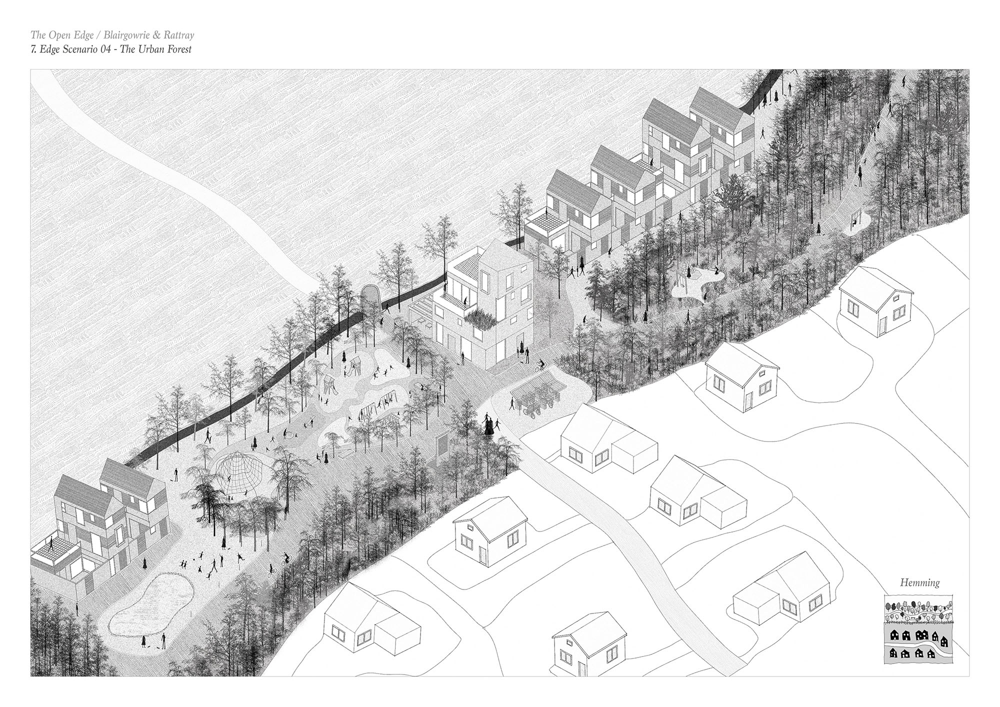 Page 7 of Sam Morman winning entry to the A&DS and RIAS Scottish Student Awards. The concept board includes architectural drawings an urban forest with housing and play areas nestled within the forest.