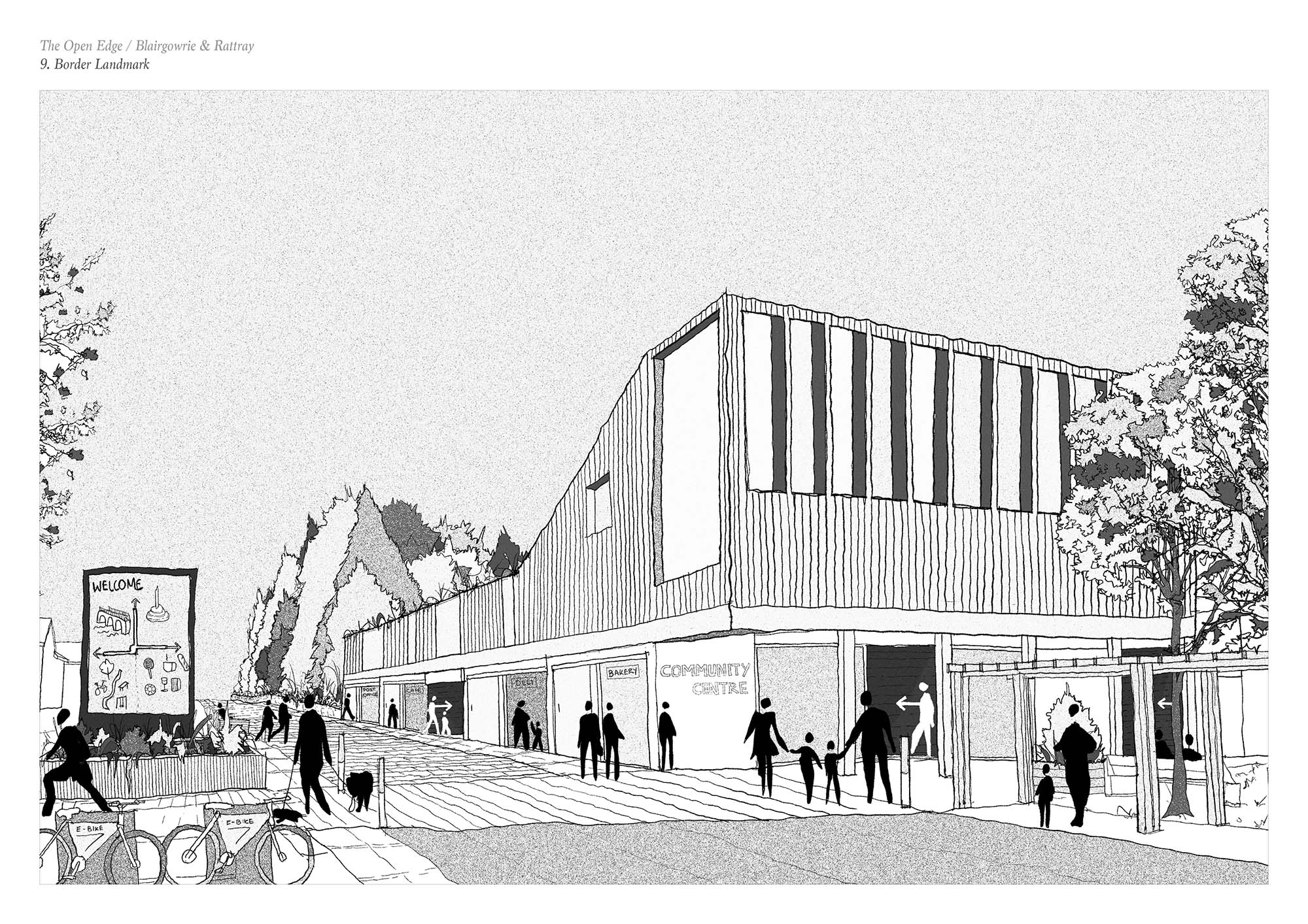 Page 9 of Sam Morman winning entry to the A&DS and RIAS Scottish Student Awards. The concept board includes architectural drawing of a community centre with ample walking path and cycling ways and greenery amongst the building. 