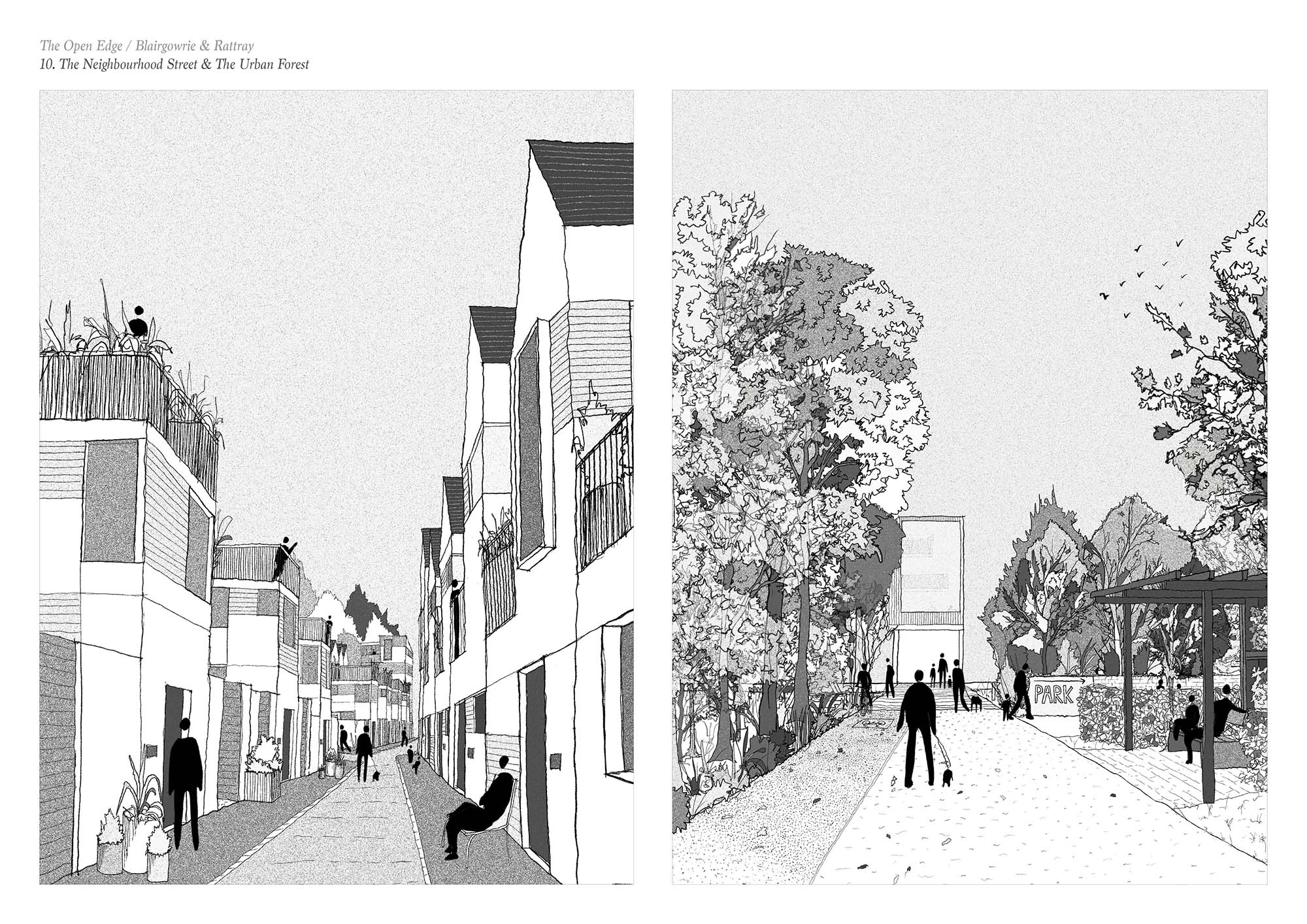 Page 10 of Sam Morman winning entry to the A&DS and RIAS Scottish Student Awards. The concept board includes two architectural illustrations of a walking route nestled in-between housing terraces and a park with wide foot paths.
