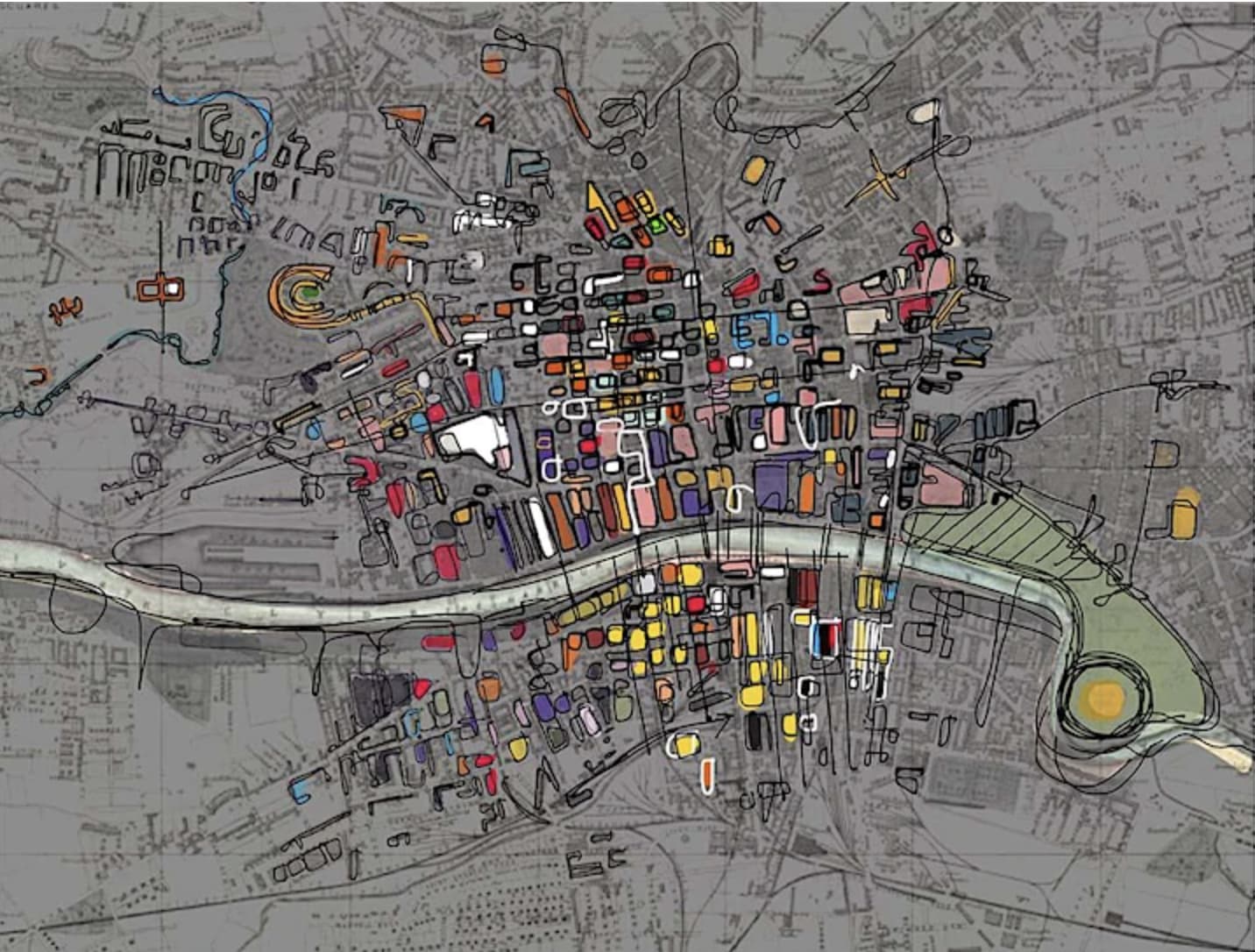 a dark grey plan of a city - Glasgow - with a number of buildings and structures coloured in bright colours and geometric shapes