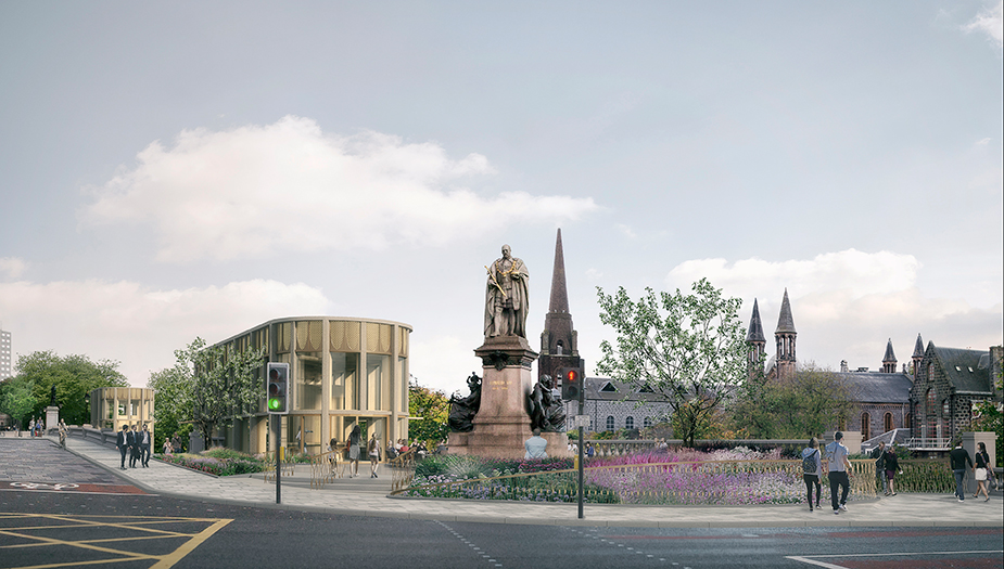 An architectural image of Union Terrace Garden on Union Street including trees and flowers opposite a green light crossing. There is a circular building with large windows and a statue behind the green light.