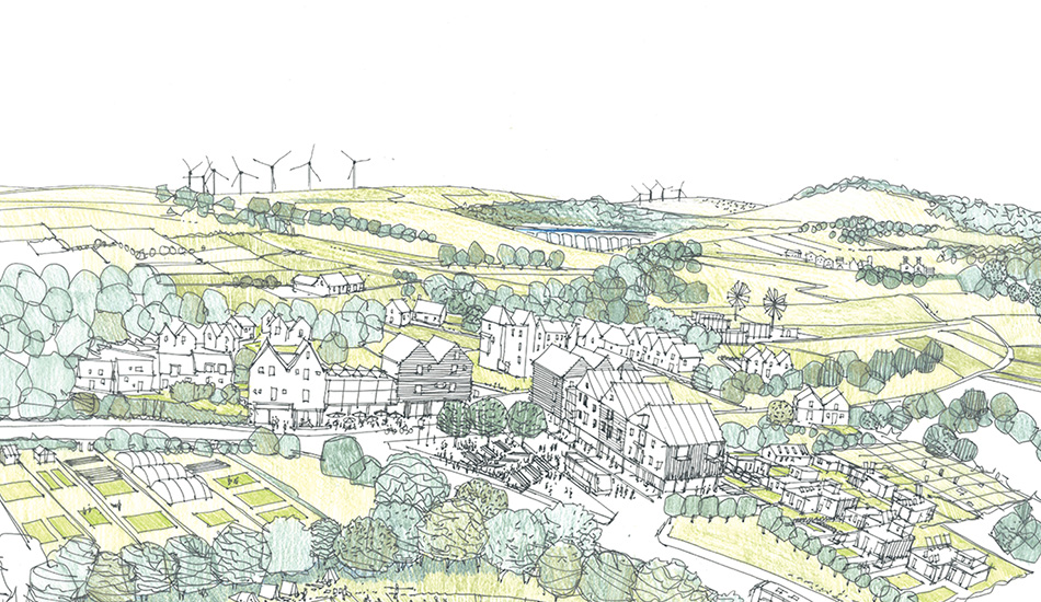 Illustration of a rural environment in Scotland drawn by Richard Carman. Wind turbines nestle above mountains with a small town in the centre surrounded by rolling hills.
