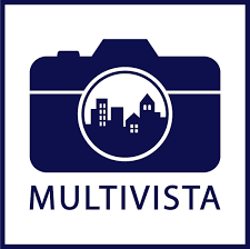 The multivista logo showcases a camera with buildings in the centre of the lenses and the words 'multivista' underneath the camera.