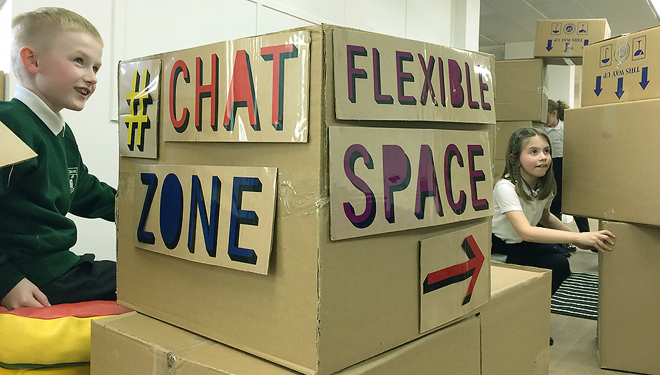 Pupils at Craigbank Primary test their prototype spaces during a space hack, as part of the Tests of Change process.