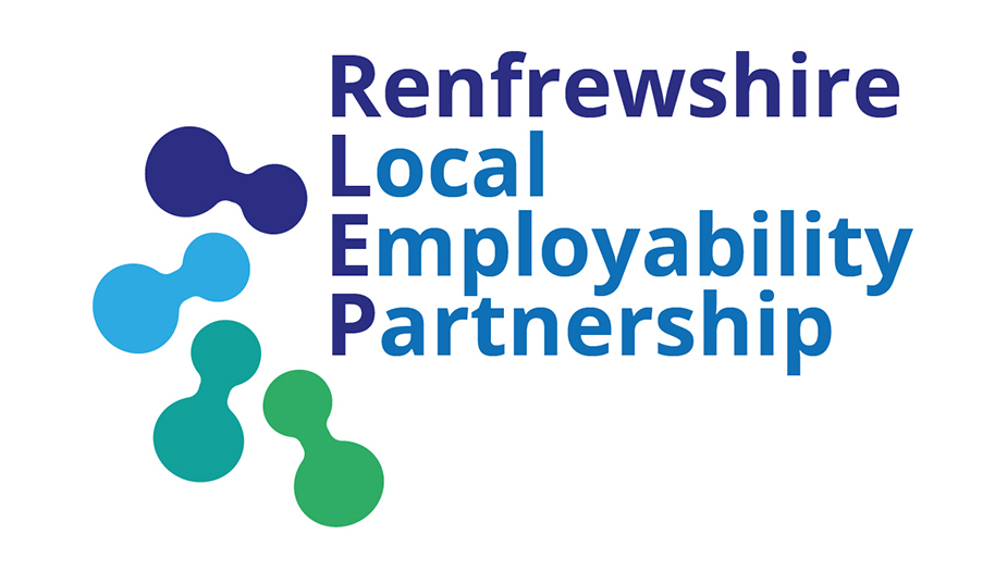 The words Renfrewshire Local Employability Partnership in blue and green colours above a white backdrop.