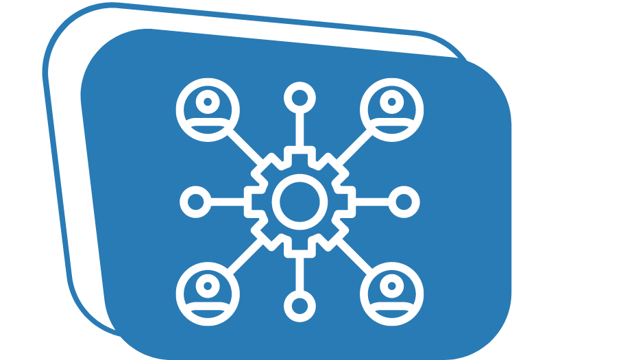 An icon of a gear in the centre connecting to four people and dots above a dark blue backdrop.