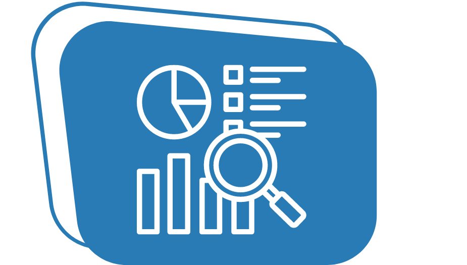 An icon of a magnifying glass looking into data sets such as graphs, pie chart and checklist above a dark blue backdrop.