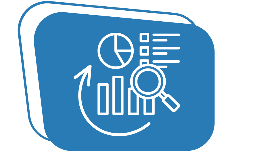 An icon of an arrow circling around a magnifying glass looking into data above a blue backdrop.