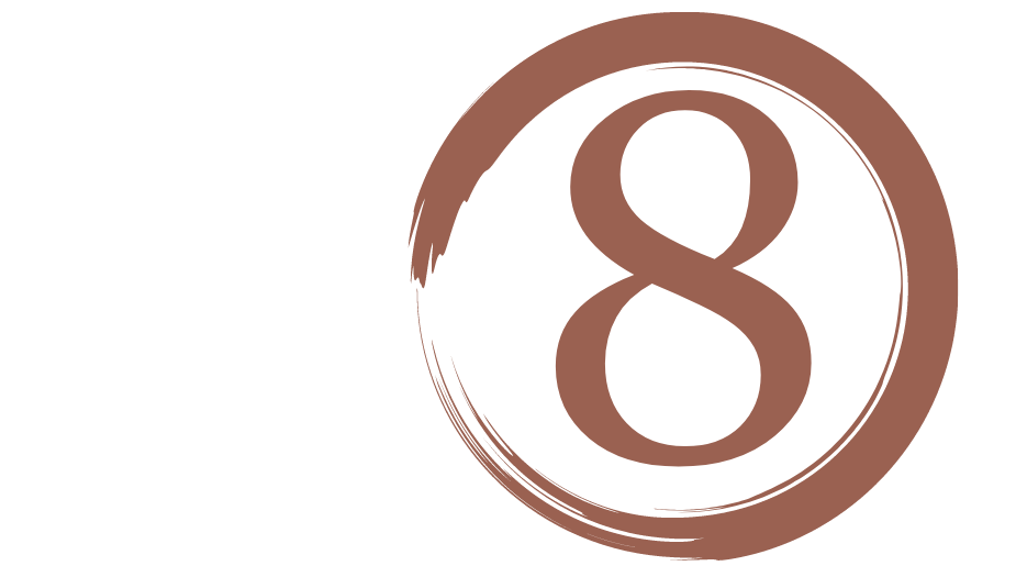 The number 8 in a brown circle.
