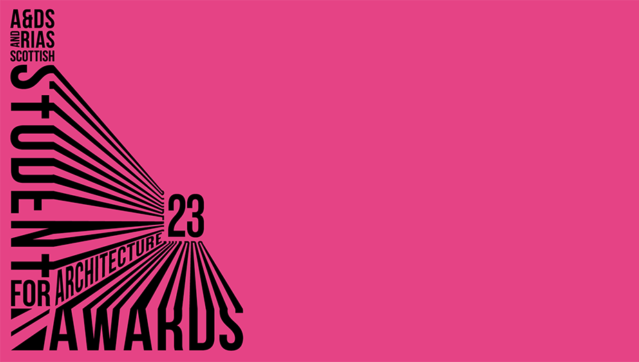 The 2023 A&DS and RIAS Scottish Student Awards logo above a pink background.