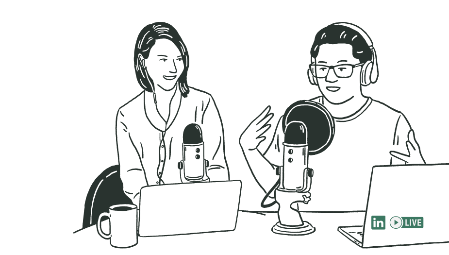 An illustration of two people at a podcast setting speaking into a microphone.