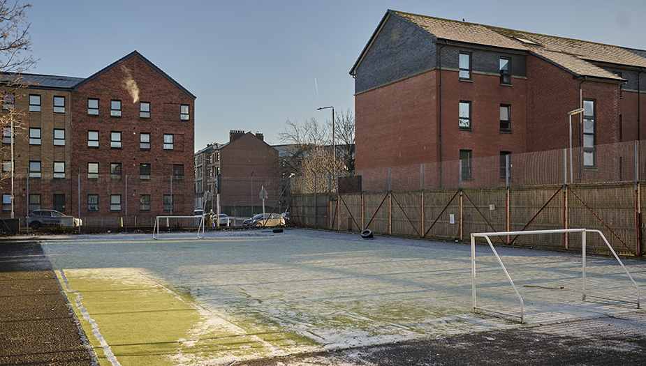 A football pitch covered in snow at St Michaels Primary.