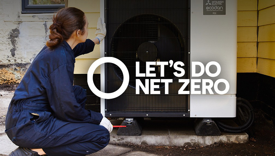 A photograph of a person installing and air source heat pump to a building. The words Let's Do Net Zero in white writing are place on the image.  