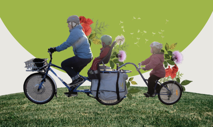 A composite image of an adult on a bicycle with two children on the back of the bike, pictured with flowers and green grass against a green and white background. 