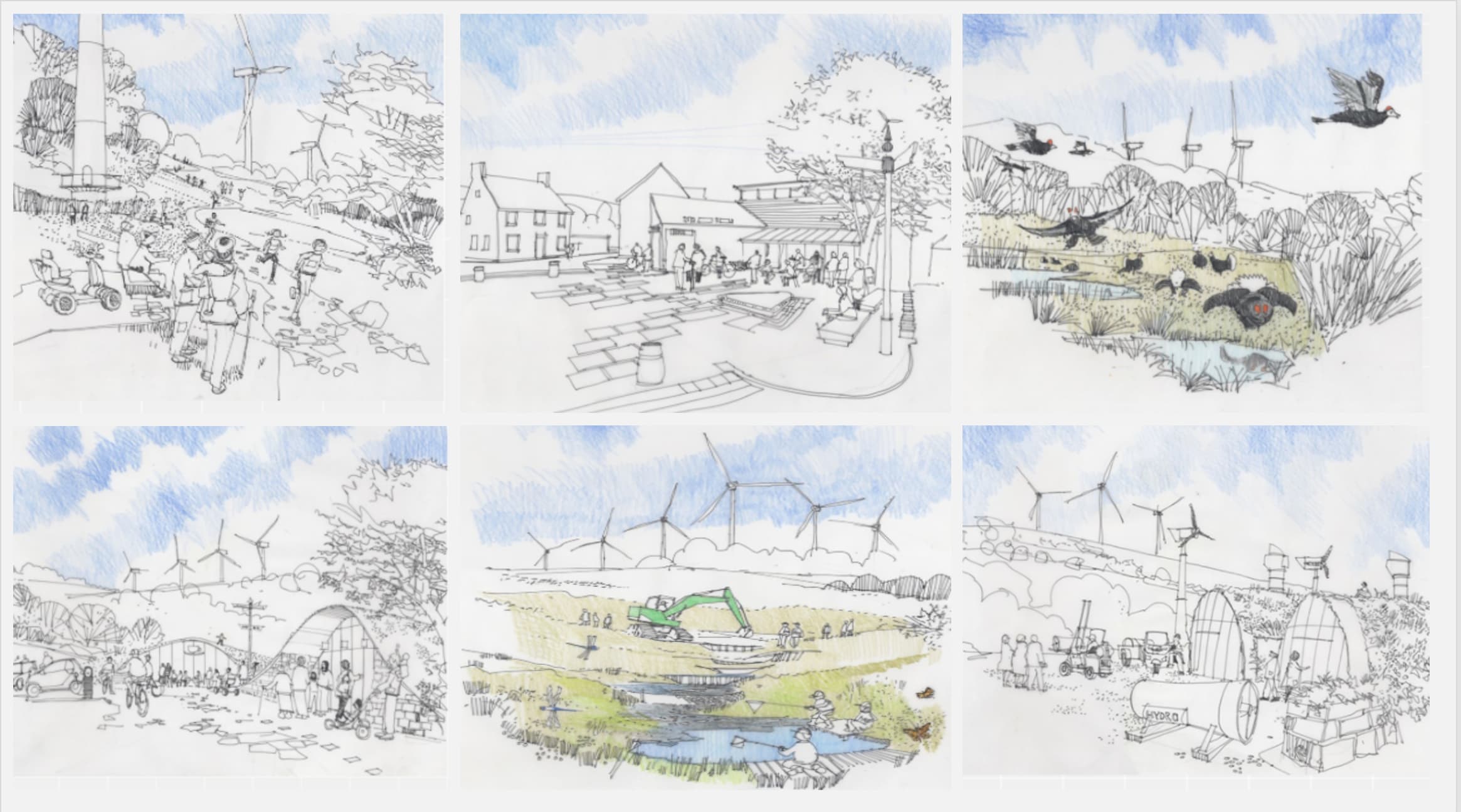 A set of six pencil illustrations of wind turbines in a green landscape 