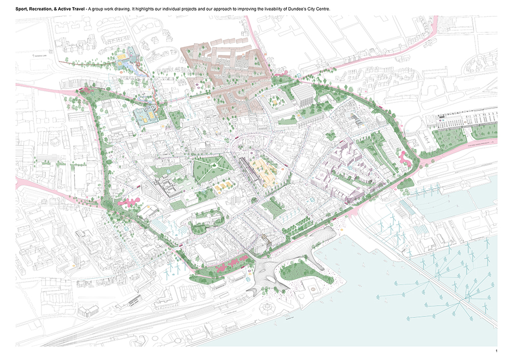 An aerial view of an architectural plan by Stuart Waitt who won the Placemaking Award for the 2023 Scottish Student Awards.
