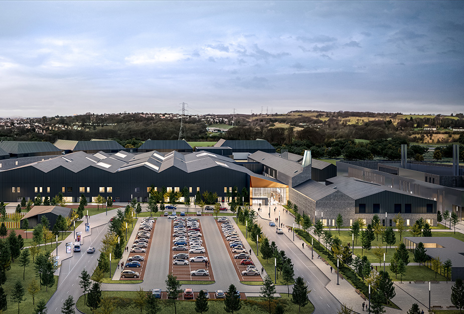 Architects visualisation of a healthcare facility with ample parking, green spaces and wide sidewalk leading to the entrance.