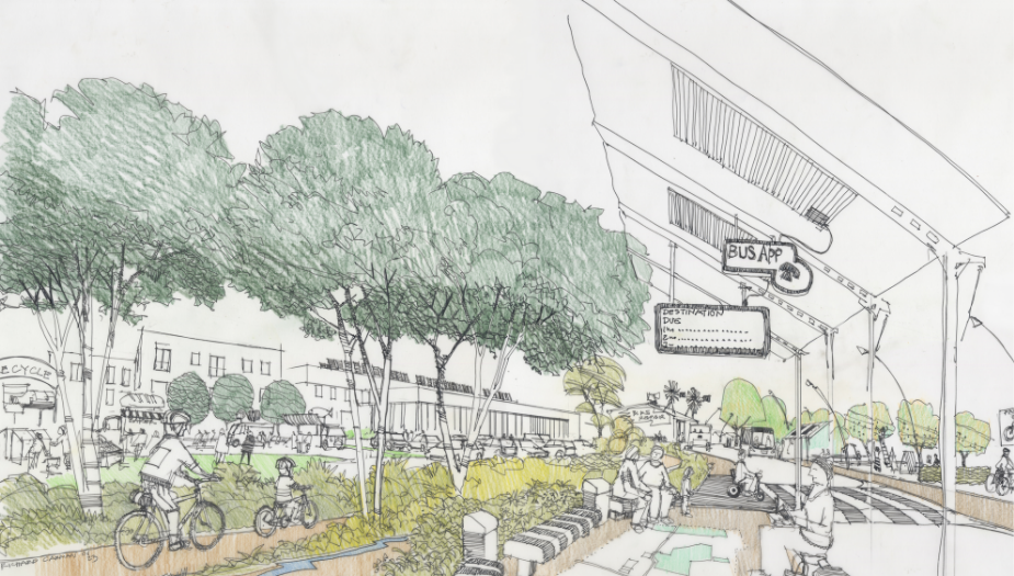 An illustration of blackburn town centre with green spaces, active travel routes and a bus stop.