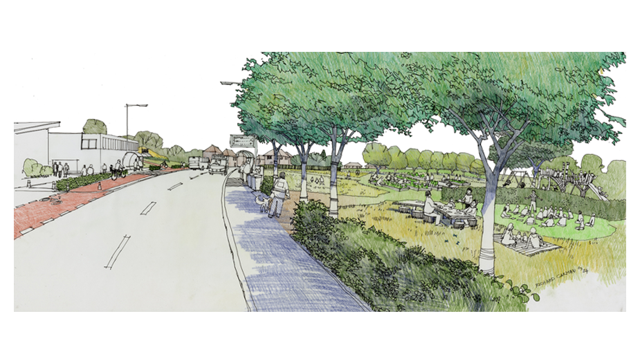 An illustration of Benarty showcasing a green spaces for community food, outdoor classrooms, playwark and an adjacent active travel network.