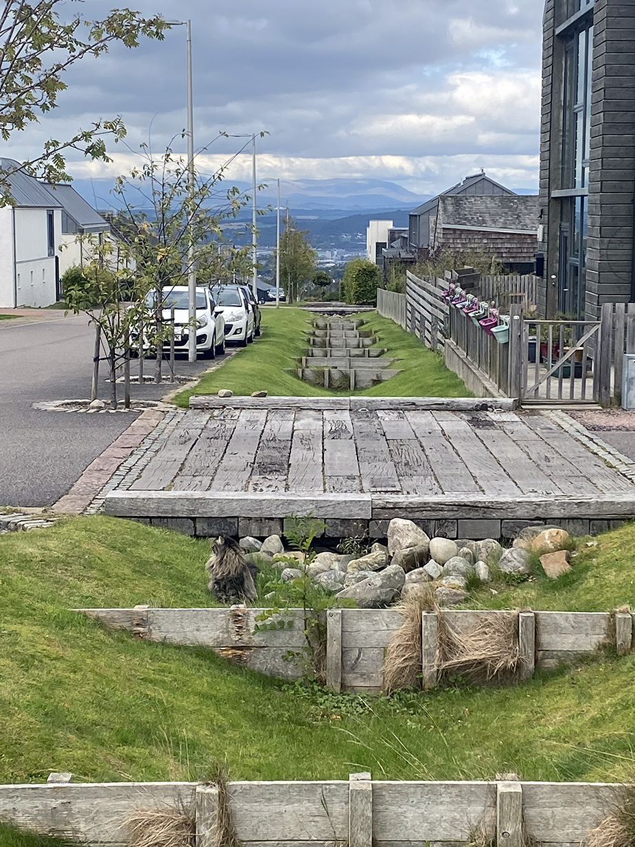 Flood resilience design including an integral swale with plants and bridges leading up to the houses at the Inverness Housing Expo