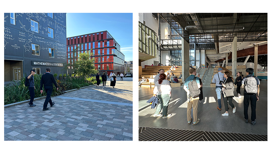 in the left image there are people walking along a broad paved pathway - to there left tehre are shruns and a grey building with white mathematical symbols  on it and a sign that says MATHEMATICS & STATISTICS - in the back ground is a six story red building - in the right hand image in the foreground there is  a group of people inside a atrium space  - beyong them is a series of broad steps with people sitting on them and another set of stairs - tehre are grey columns and above a metal structureu 
