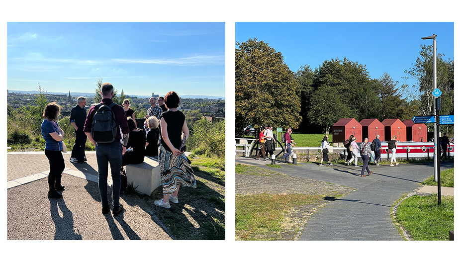 the left image shows a group of people listening to someone - in the background is a view across Glasgow - in the right hand image are a group of people waling along a pathway - in the foreground is another pathway - there are trees and blue sky in the background and a group of four red sheds and a red and white barge 