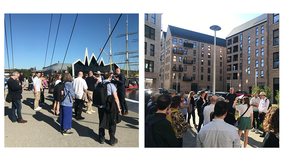 on the left are people on a bridge listening to someone talking - there is a building in the background with a spikey roof line and the mast of a shape that are seen against a blue sky - the right hand image shows a group of people listening to soemome talking - behind them are high brick buildings - in the cewntre is a lampost