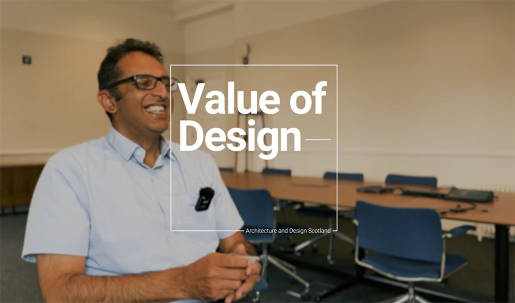Screenshot of interviewee smiling, with Value of Design logo in the foreground.