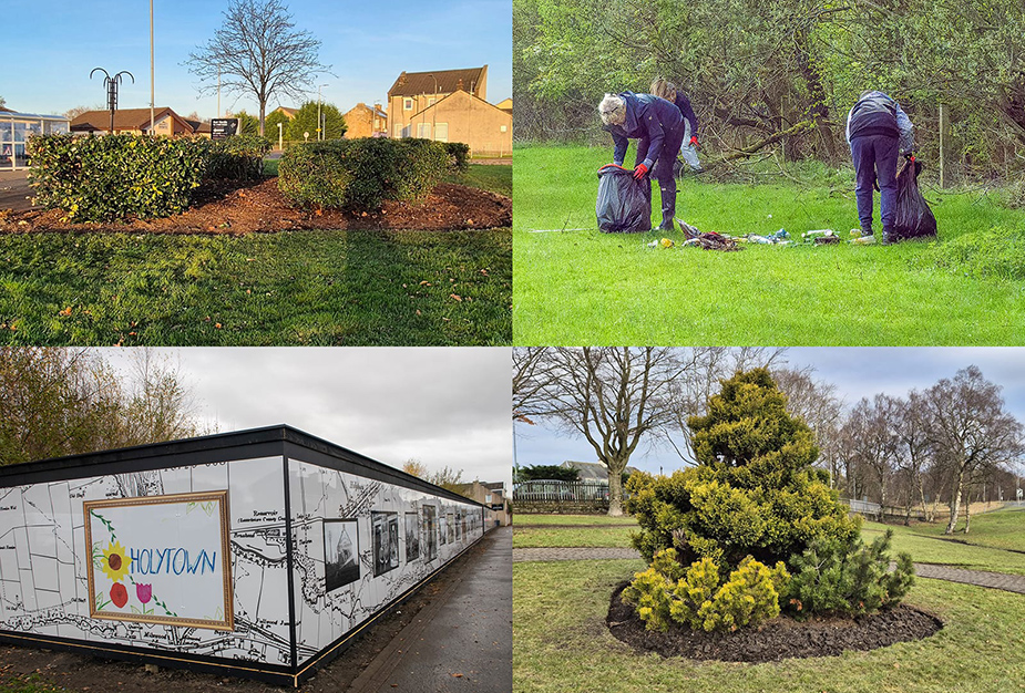 A collage of four iamges of green spaces, people picking litter, a hedghe and a wall with the words Holytown on it.