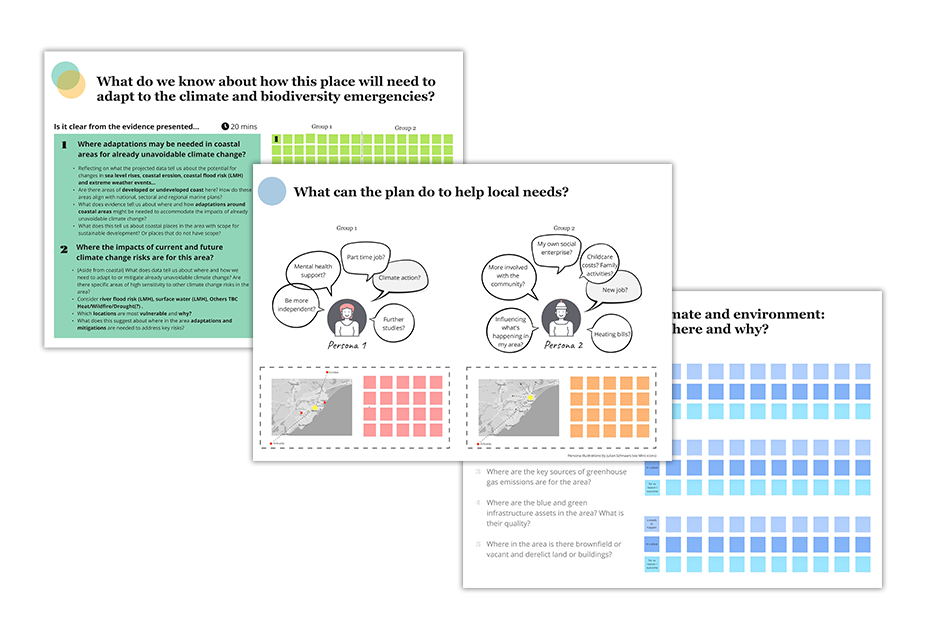 Three screenshots of miro board templates used for snapshot 5 of place skills for plan-making