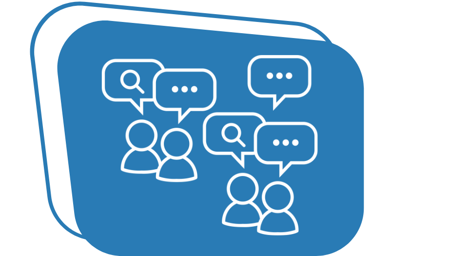 Icon of people with speech bubbles above their heads above a blue backdrop.