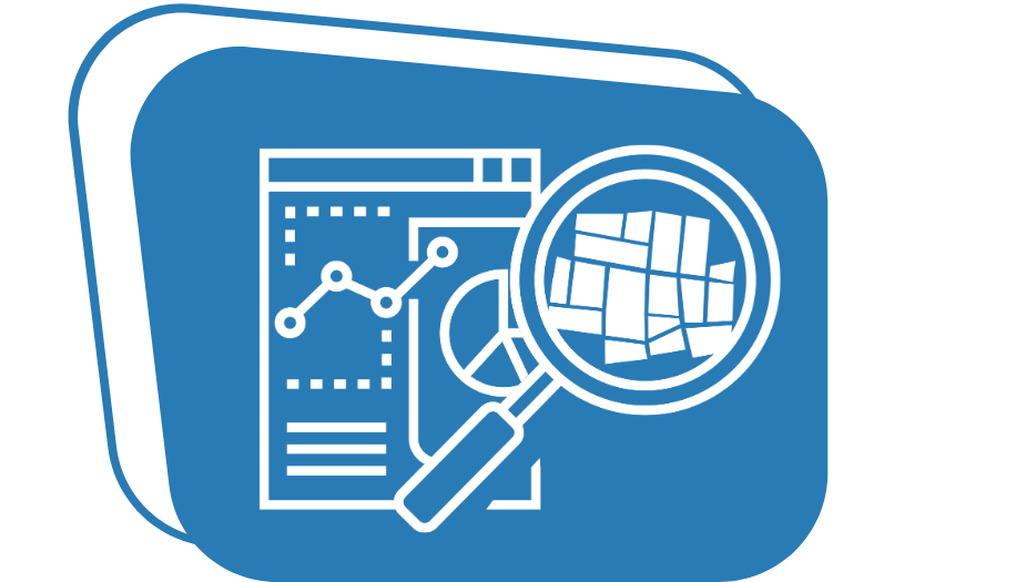 An icon of a graph and magnifying glass looking at a map above a blue backdrop.