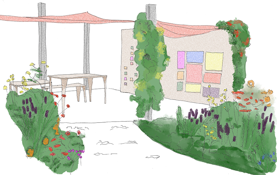 An architectural sketch of a vibrant school garden with a wooden table, colourful flowers, vine-covered walls and pastel wall art on display below a canopy.