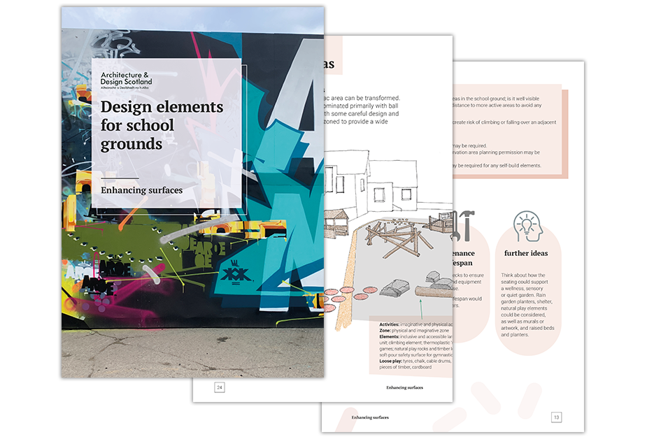 Publication cover and pages from the design elements for school grounds resource on enhancing surfaces.