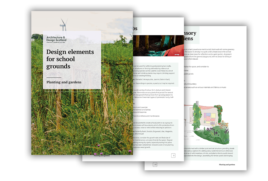 Publication cover and pages from the design elements for school grounds resource on planting and gardens.