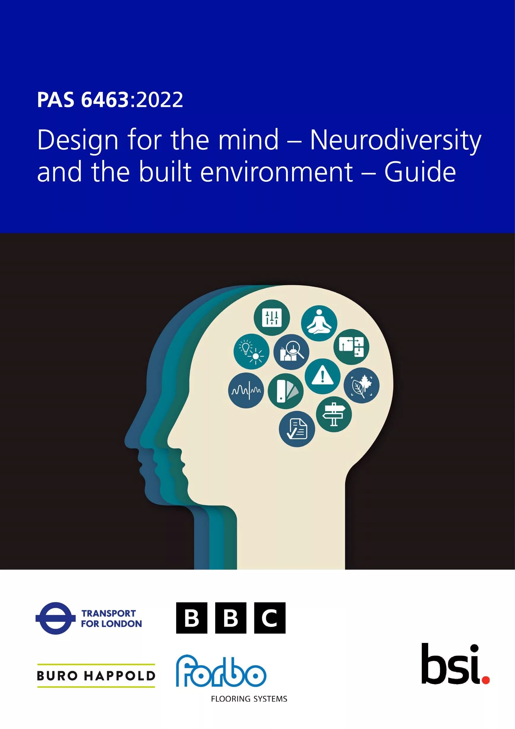 Guide cover with an outline of a head graphic with small circles embedded with icons to represent 'designing for the mind: neurodiversity and the built enviornment'.