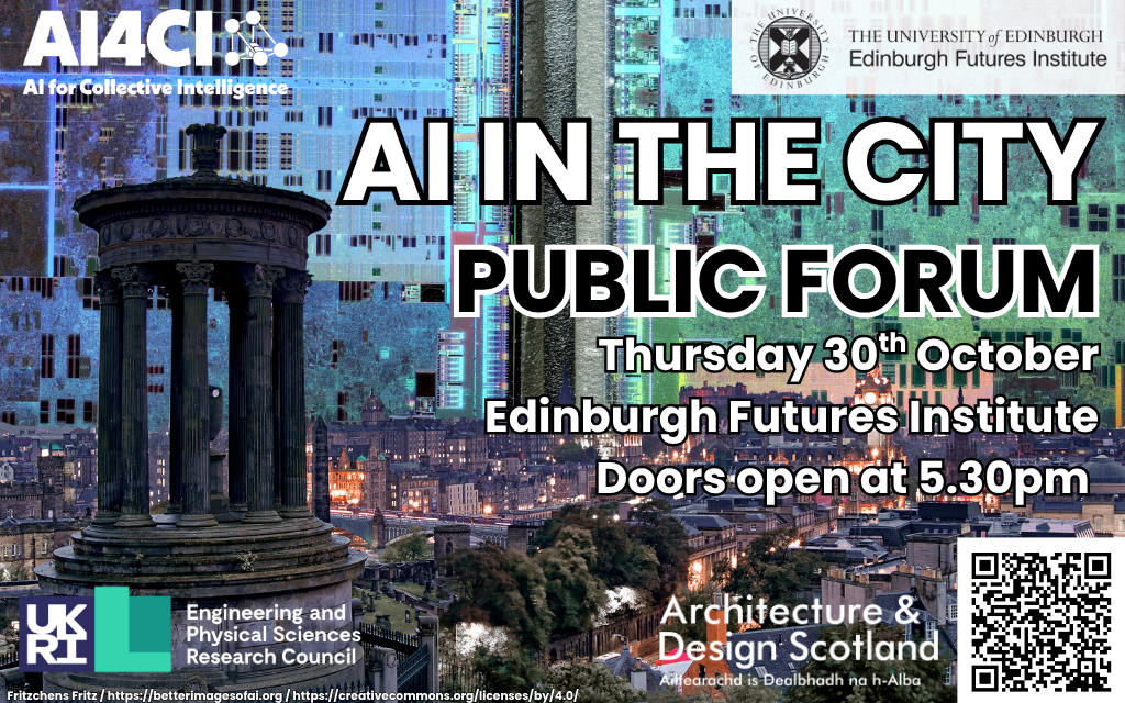 AI in the City Public Forum over the backdrop of a digital world and a scottish landmark.