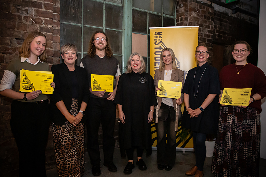 Judges and winners of the 2025 A&DS and RIAS Scottish Student Awards for Architecture posing for the camera.