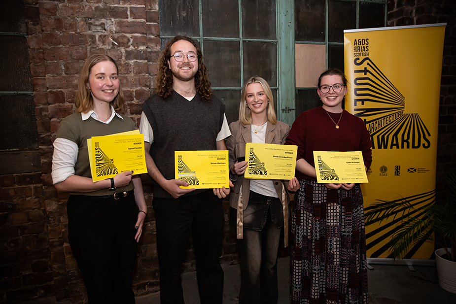 Winning students for the 2025 A&DS and RIAS Scottish Student Awards for Architecture posing with their certificates.