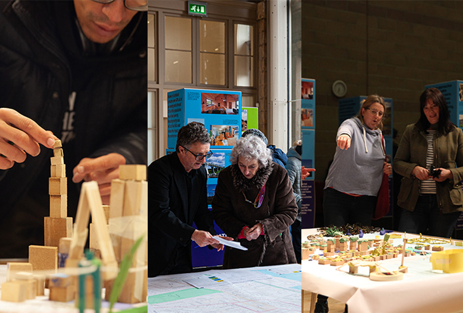 Collage of three photos taken from an exhibition of people interactive with models and maps.