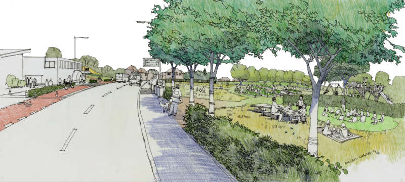An illustration of Benarty showcasing a green spaces for community food, outdoor classrooms, playwark and an adjacent active travel network.