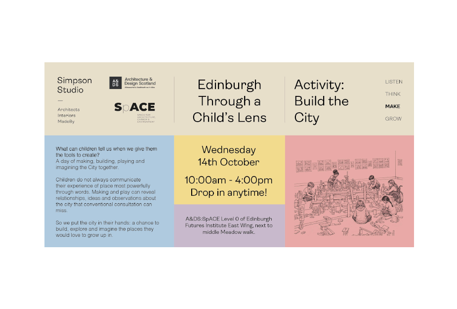 Event flyer for “Edinburgh Through a Child’s Lens,” featuring event details, date and time, venue, and children’s cityscape artwork.