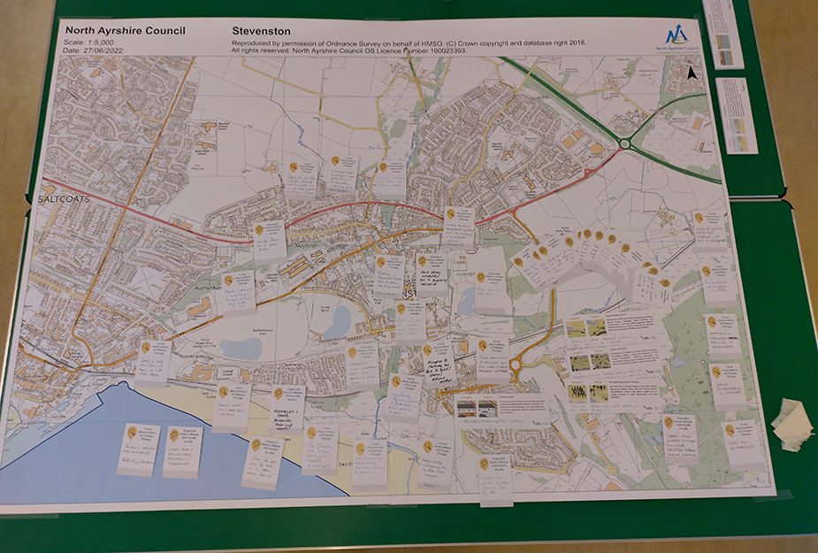 Annotated North Ayrshire Council map of Stevenston, showing roads, neighborhoods, landmarks, and numerous handwritten location notes.
