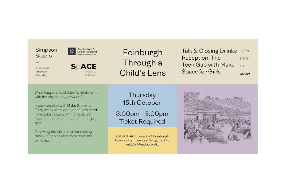 Event flyer for “Edinburgh Through a Child’s Lens,” featuring event details, date and time, venue, and children’s cityscape artwork.