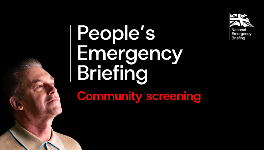 "People's emergency briefing: community screening" above a black backdrop