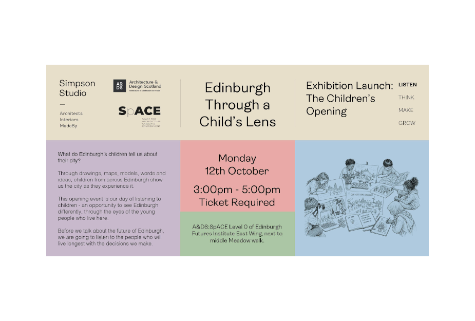 Event flyer for “Edinburgh Through a Child’s Lens,” featuring exhibition details, date and time, venue, and children’s cityscape artwork.